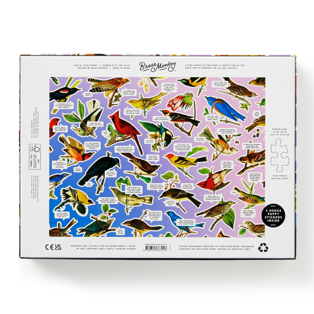 The Salty Birds 1000 Piece Puzzle by Brass Monkey features a gradient box back with illustrated birds, their names and facts, highlights 4 rounds, includes 4 bonus stickers, and shows part of a puzzle piece on the right side.