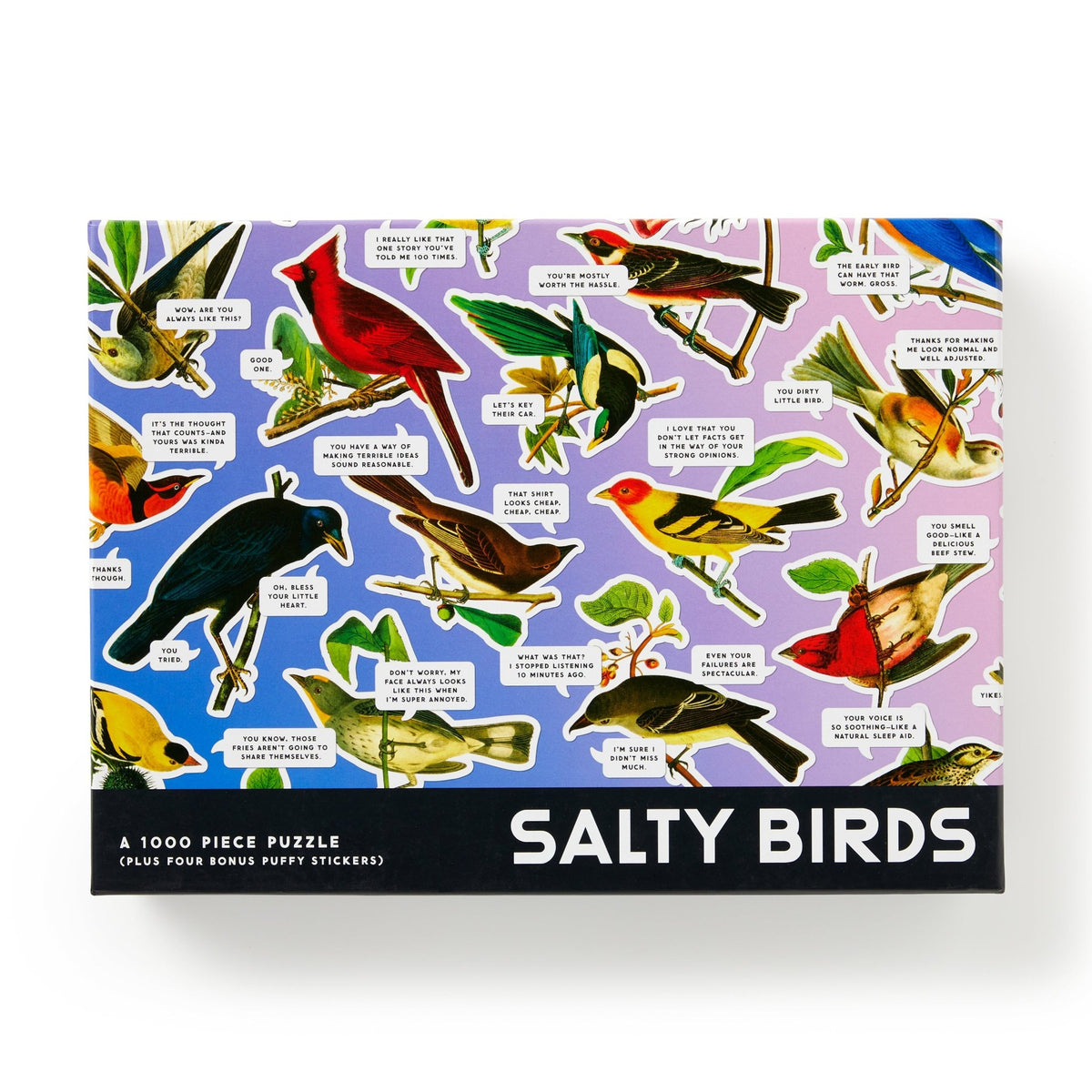 The Brass Monkey Salty Birds 1000 Piece Puzzle features illustrated birds with funny speech bubbles on a purple background and comes with four bonus puffy stickers for extra fun.