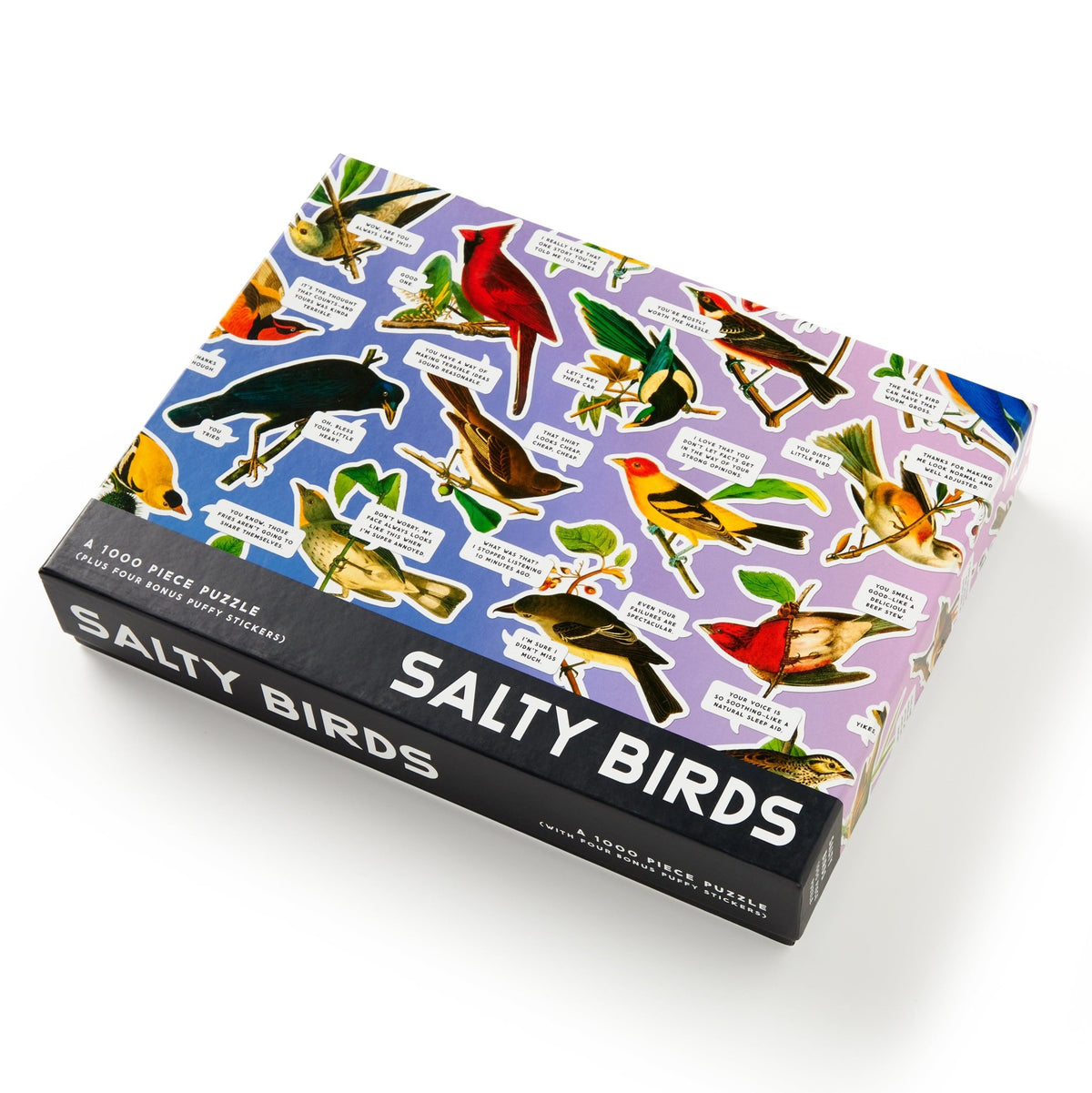 The Brass Monkey Salty Birds 1000 Piece Puzzle features vibrant illustrated birds with witty speech bubbles in a light purple box, making it both eye-catching and fun to assemble.